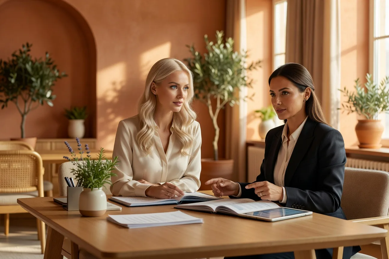 Oficina de agencia matrimonial rusa en Moscu con consultora reuniendose con hombre espanol y mujer eslava 2026