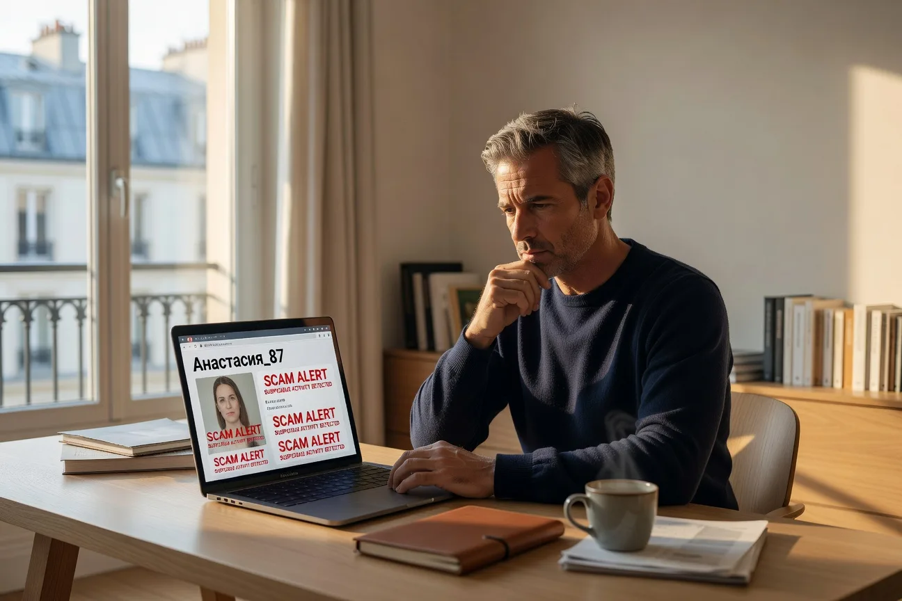 Ecran d'ordinateur avec signaux d'alerte arnaques mariage russe 2026