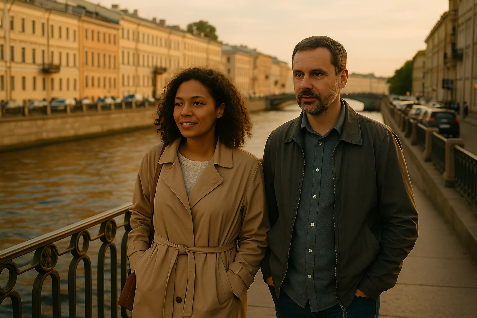 A mixed couple walking together along a canal in Saint Petersburg under soft evening light