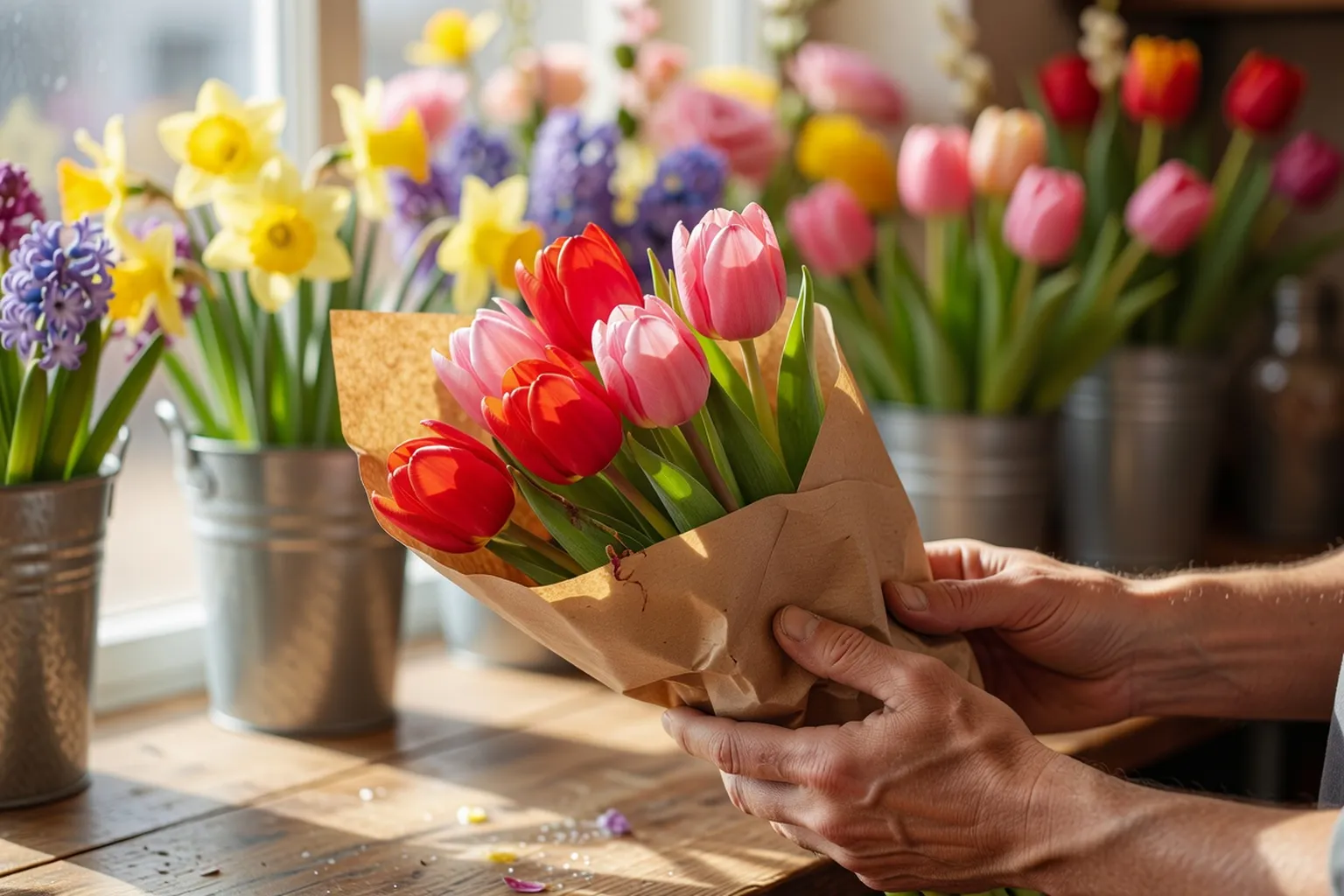 An odd-number bouquet of red and pink tulips wrapped in kraft paper, held over a flower shop counter