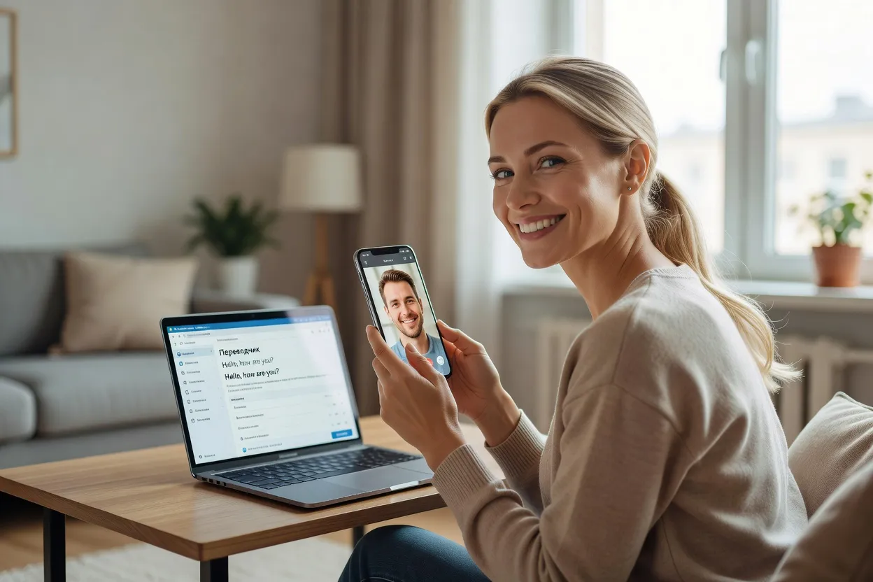 A Russian woman smiling during a video call with her foreign boyfriend, a laptop showing a translation app on the table beside her