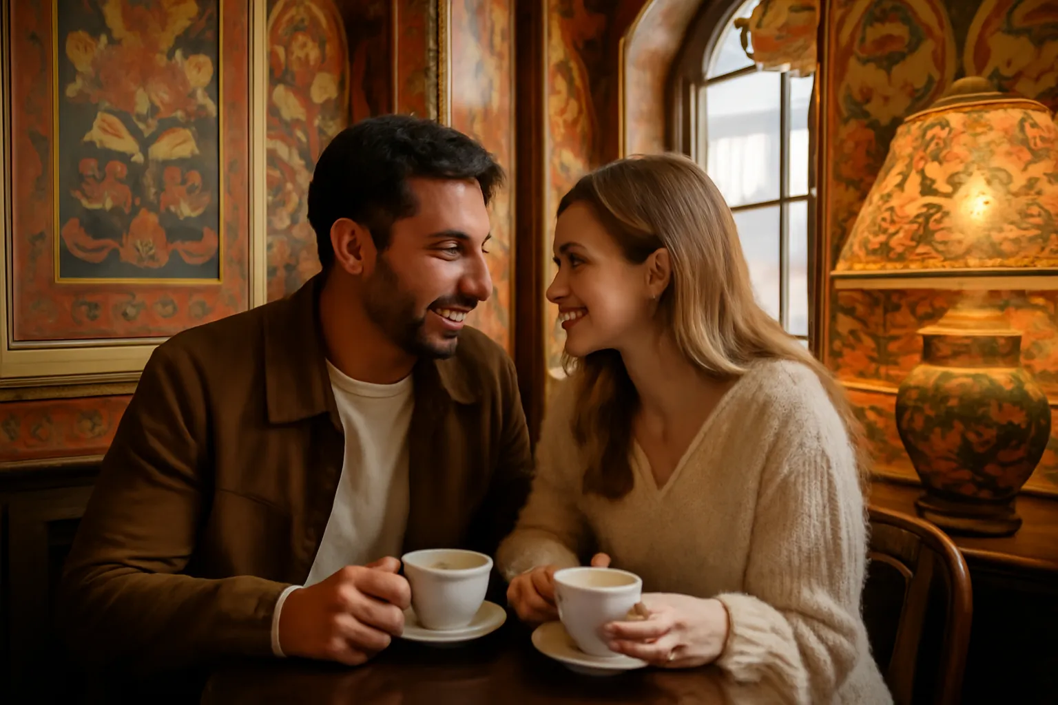 Una pareja compartiendo un café en un café tradicional ruso