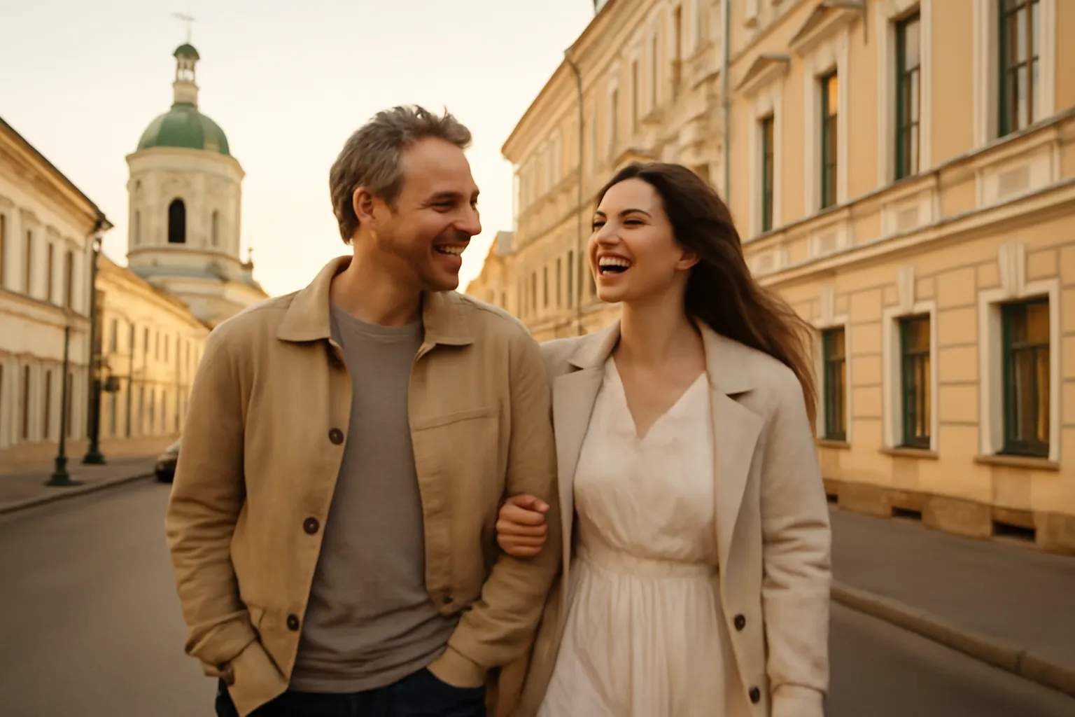 A couple walking through a historic Russian city street