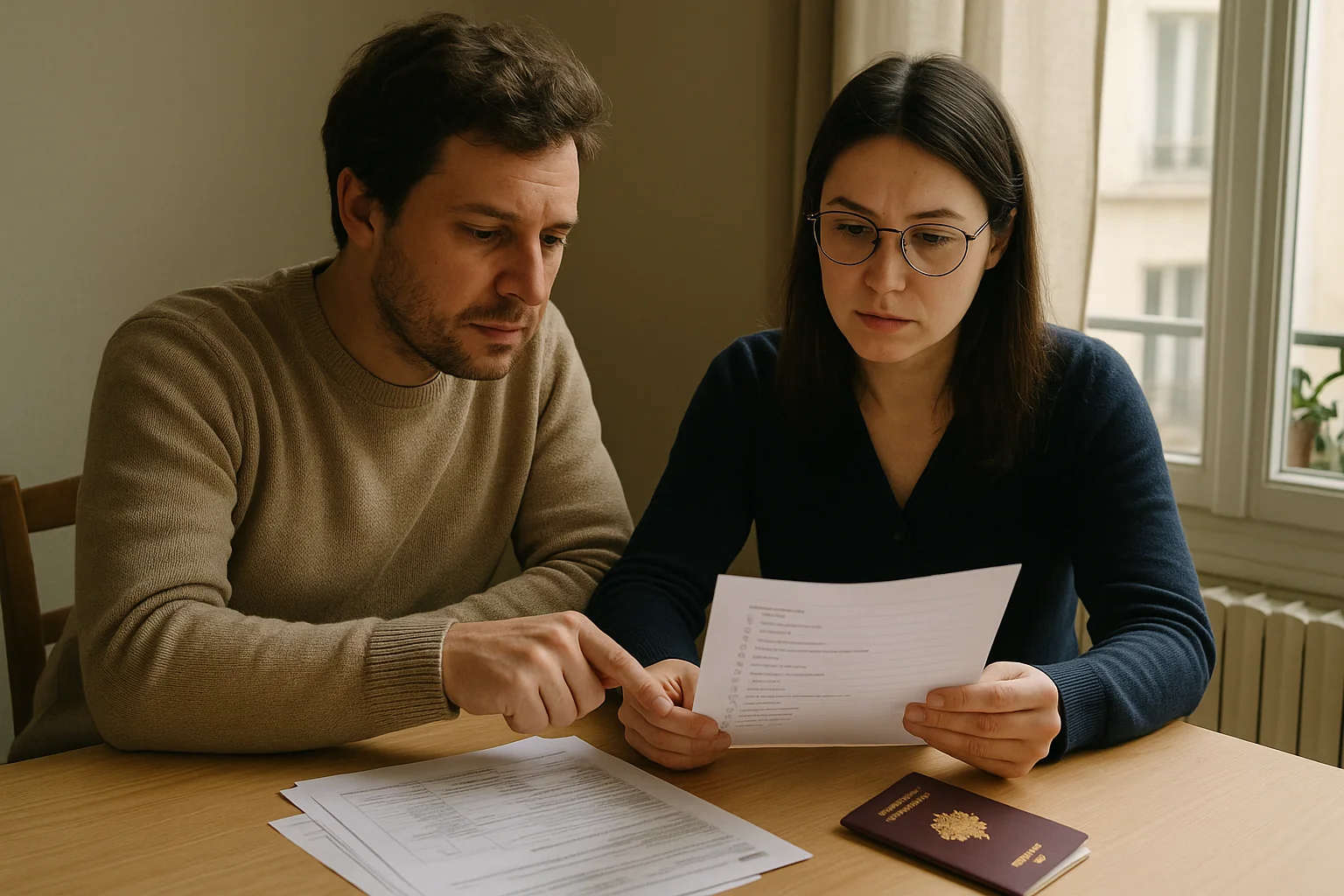 An international couple checking a list of administrative documents together before assembling the registration file