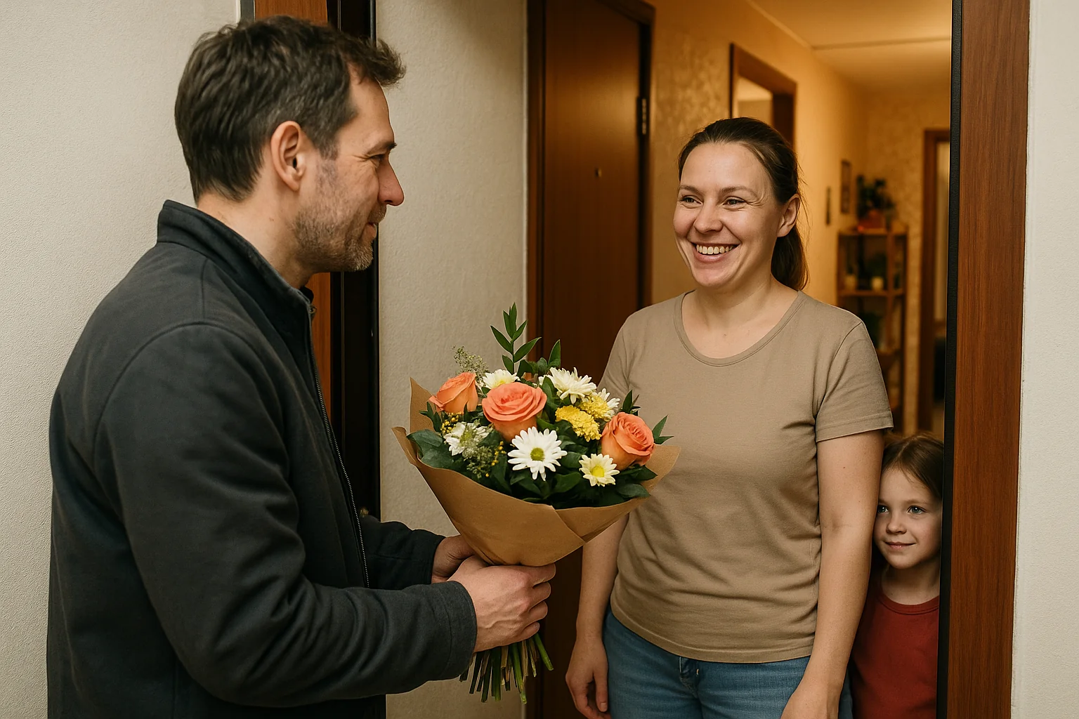 A Western man offering flowers to his Russian girlfriend's mother at the family apartment door