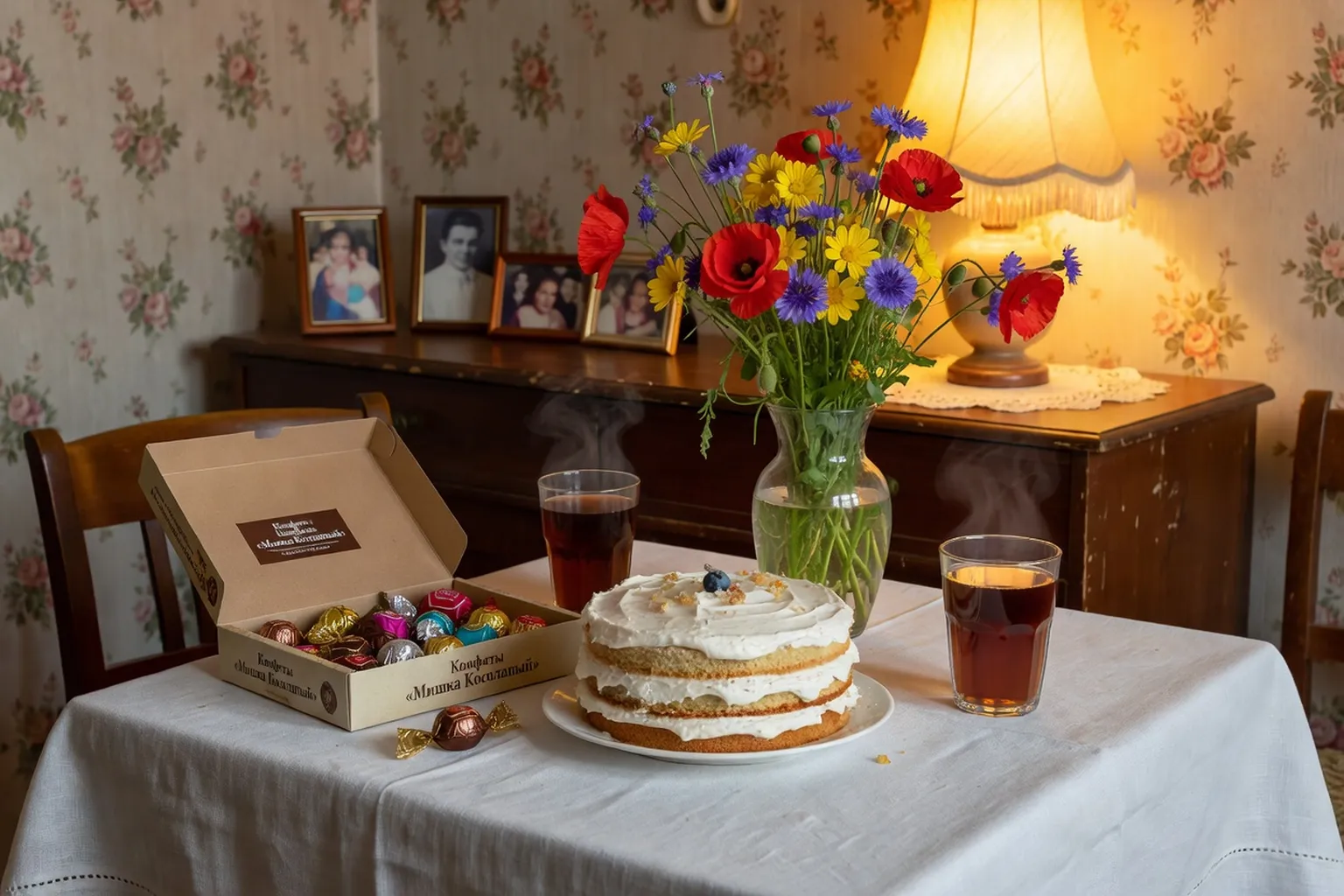 A modest festive table in a Russian home with a homemade cake, a box of chocolates, glasses of tea and a vase of fresh flowers