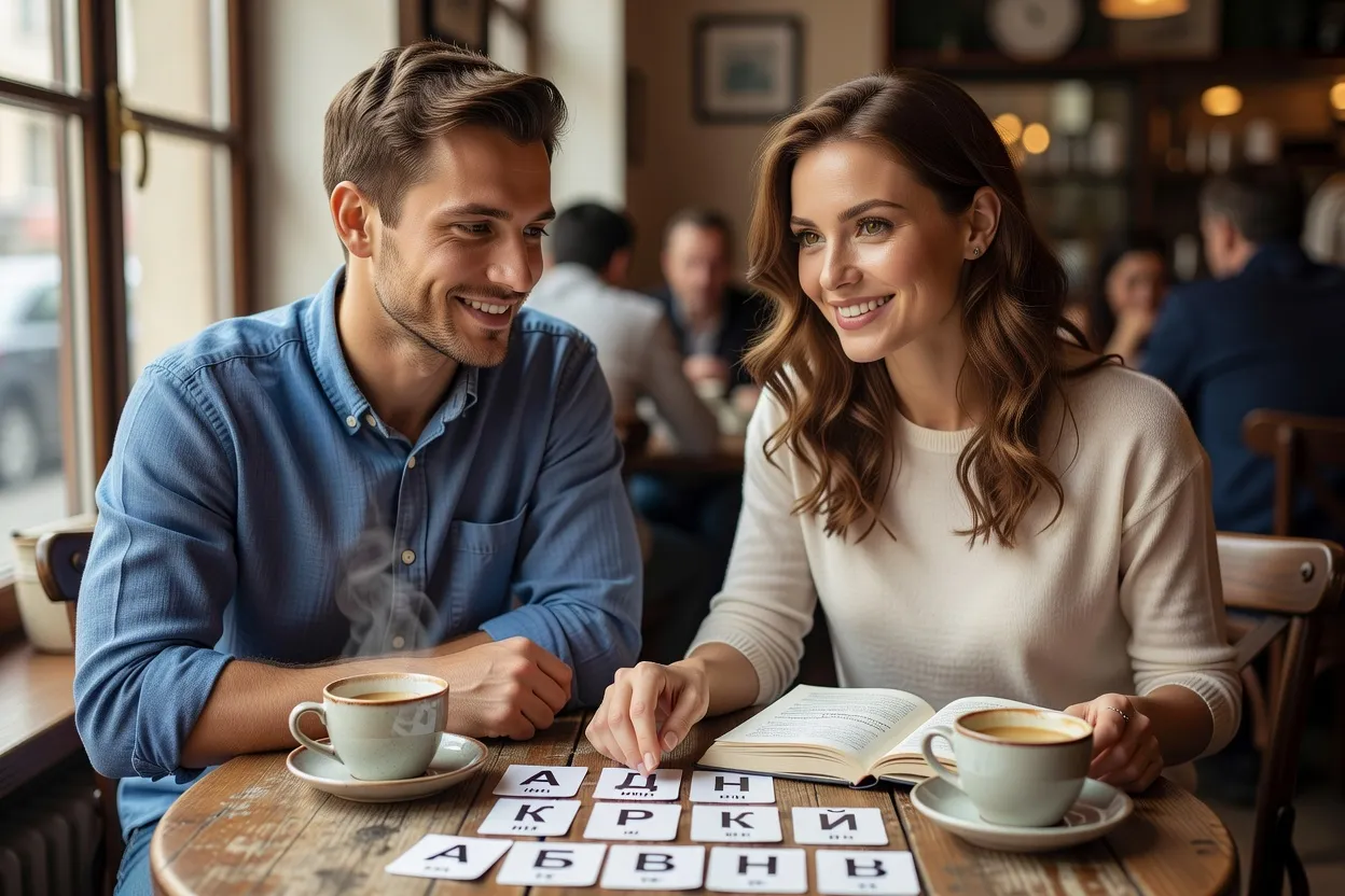A Western man and a Russian woman practicing Cyrillic alphabet flashcards together at a café table, smiling over coffee
