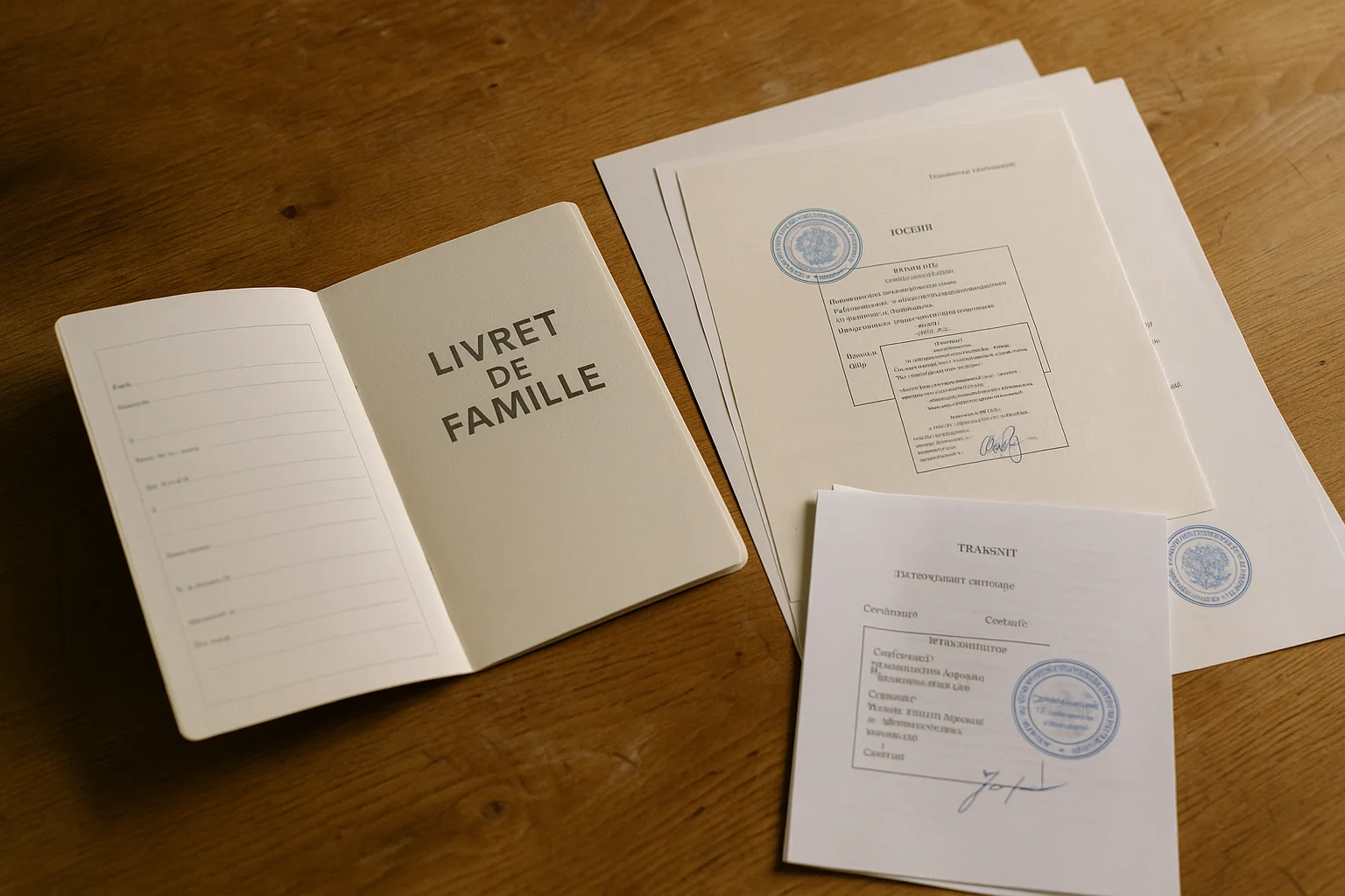 An open family record book on a table with apostilled Russian documents and their certified translations