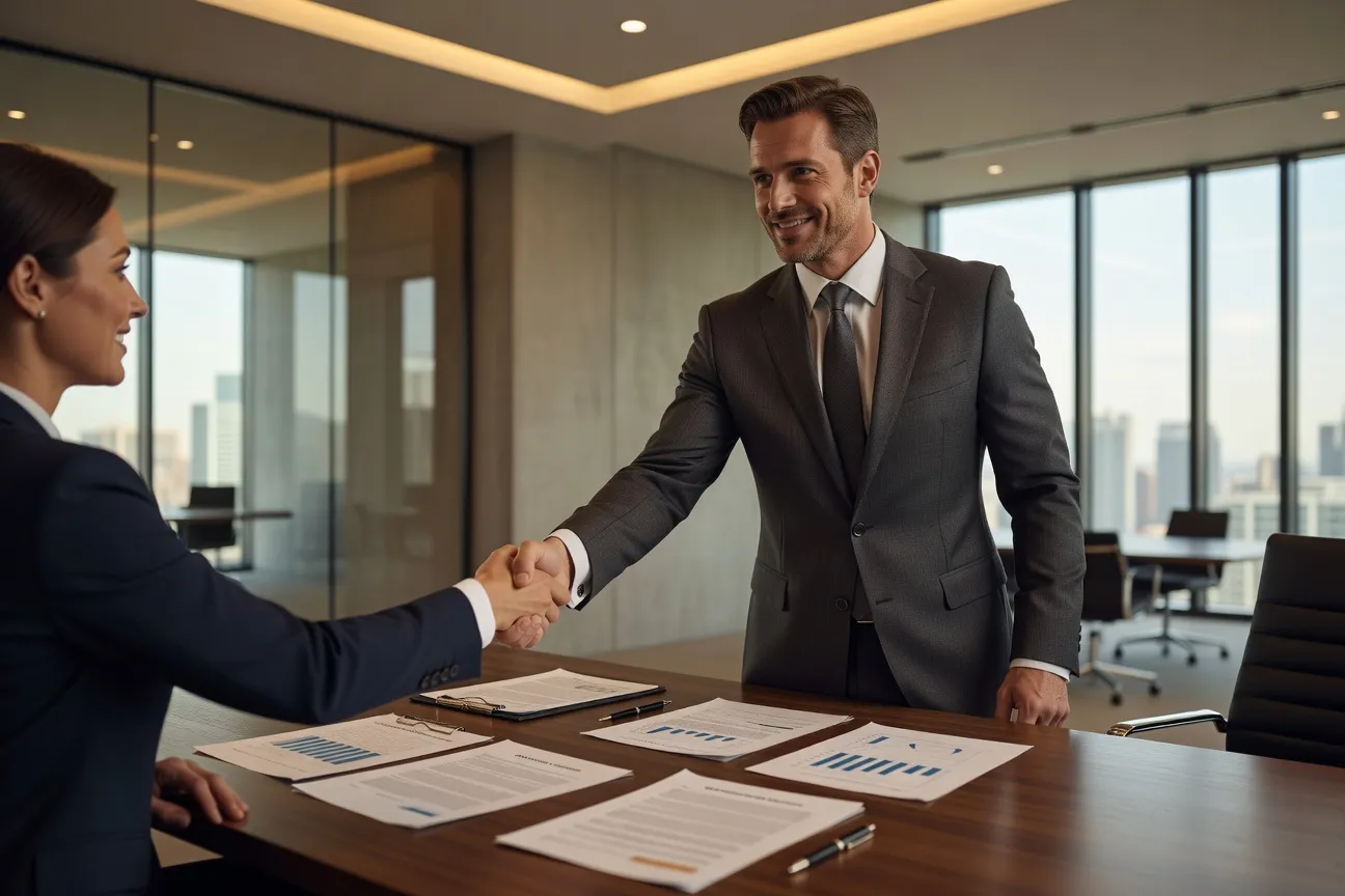 Professional business meeting handshake in modern office with matchmaking documents