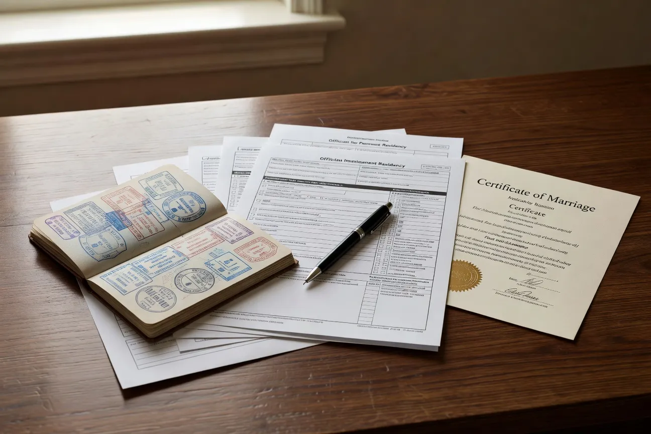 Immigration and visa documents, passport and official forms on a desk