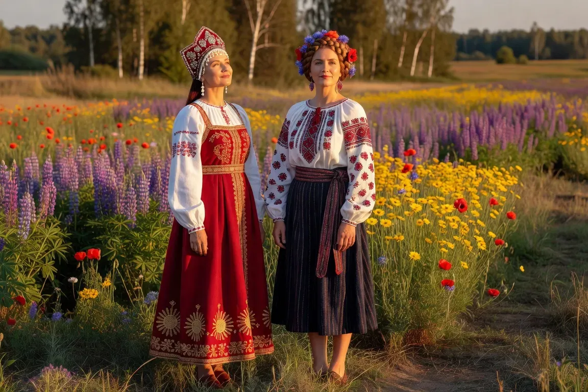 Russian woman in traditional Kokoshnik headdress and Ukrainian woman in embroidered Vyshyvanka standing together in a flower field