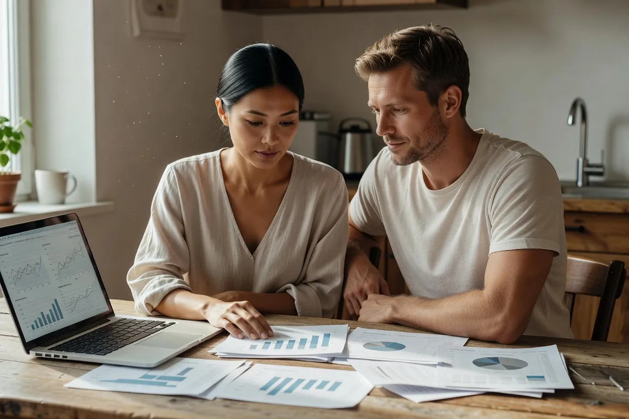 Couple reviewing a household budget and bills at a kitchen table