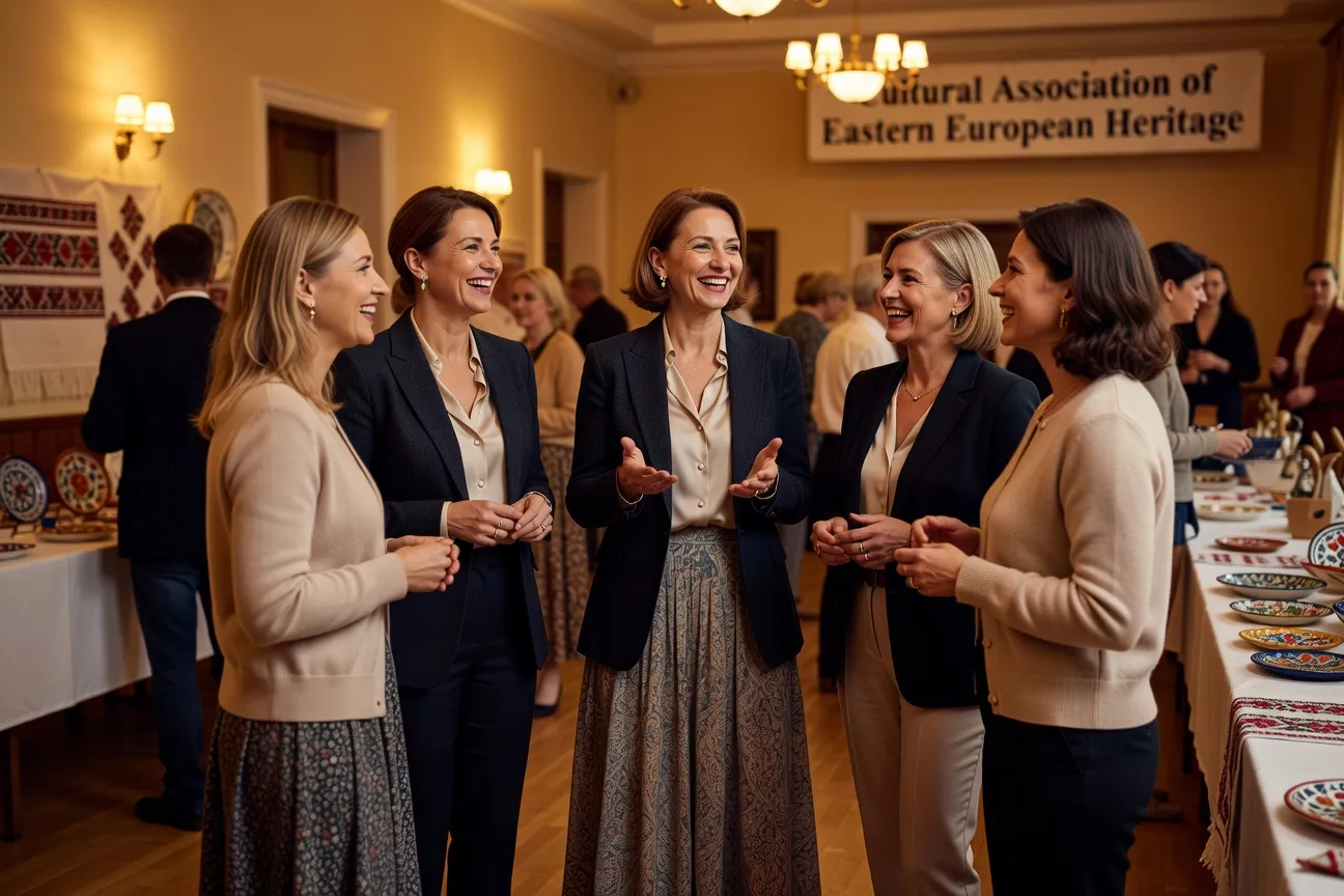 Group of elegant Eastern European women at a cultural association gathering