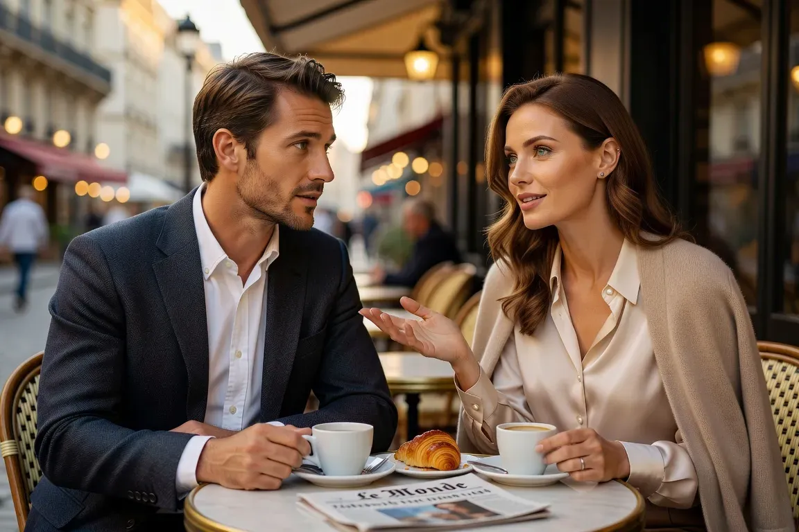 Western man and Russian woman in earnest conversation at a Parisian café 2026