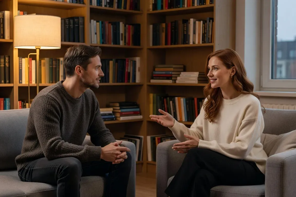 Intercultural couple sharing a warm moment over coffee, illustrating the balance of attention and presence in cross-cultural dating