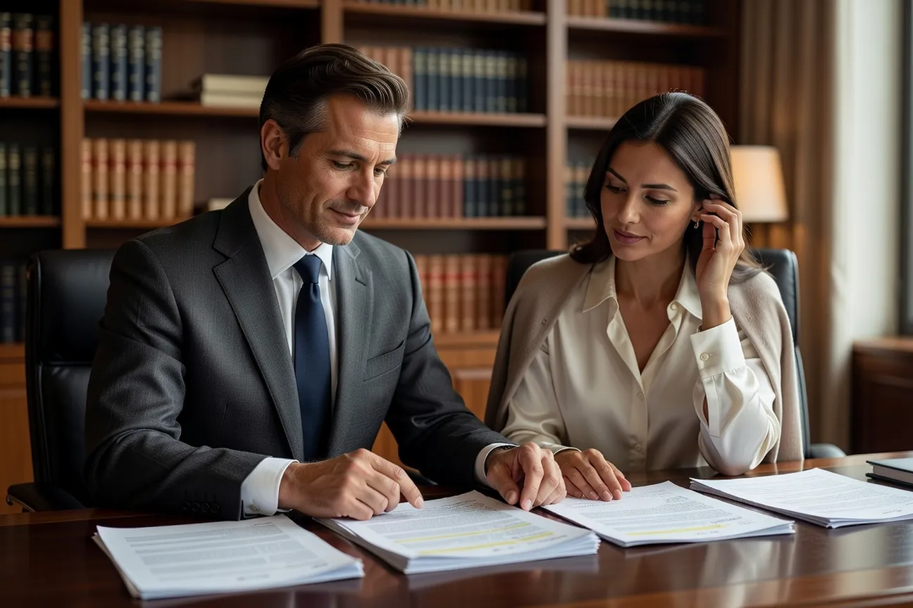 Rendez-vous de consultation entre un avocat et un client étranger examinant des documents