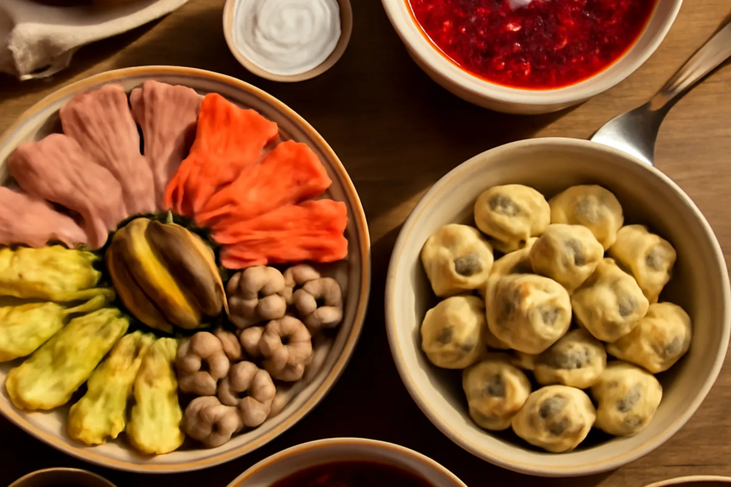 Table set with borscht, pelmeni and zakuski for a family dinner