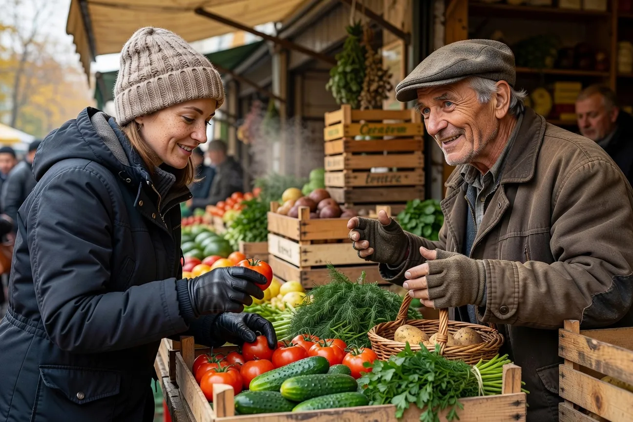 Femme française faisant ses courses sur un marché local à Moscou, échangeant avec un vendeur