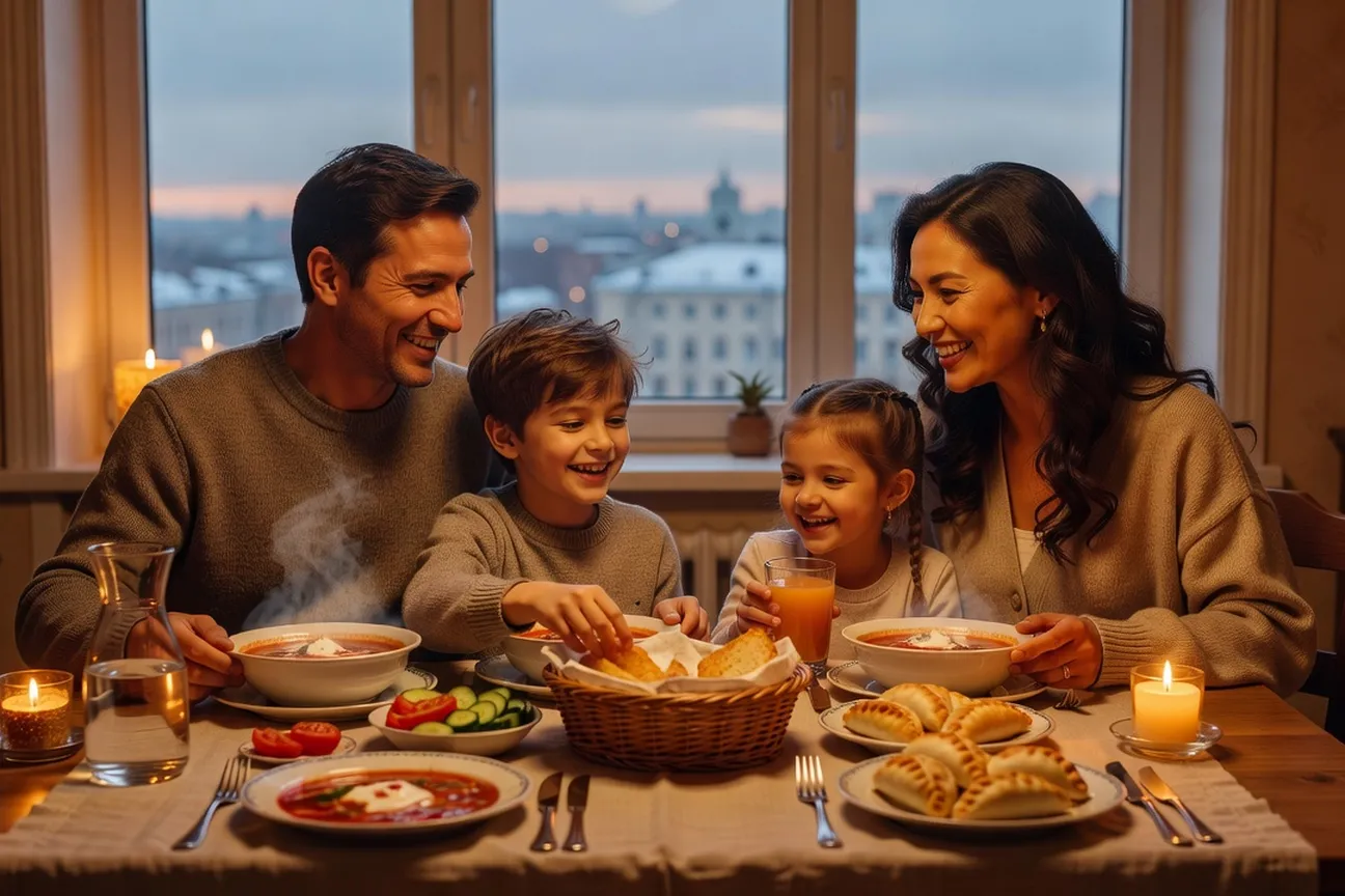 Mixed family having dinner together in a Moscow apartment