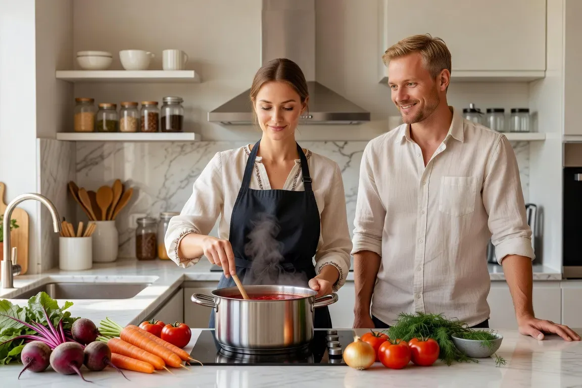 Russian woman cooking traditional borscht with her Western husband watching affectionately in a bright kitchen