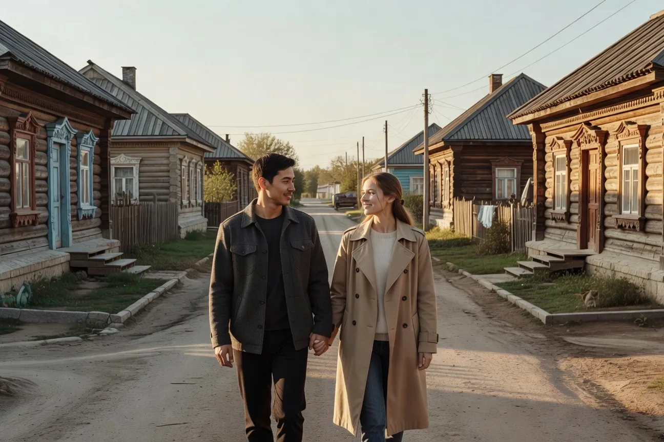 Couple walking together in a quiet residential street in a regional Russian town