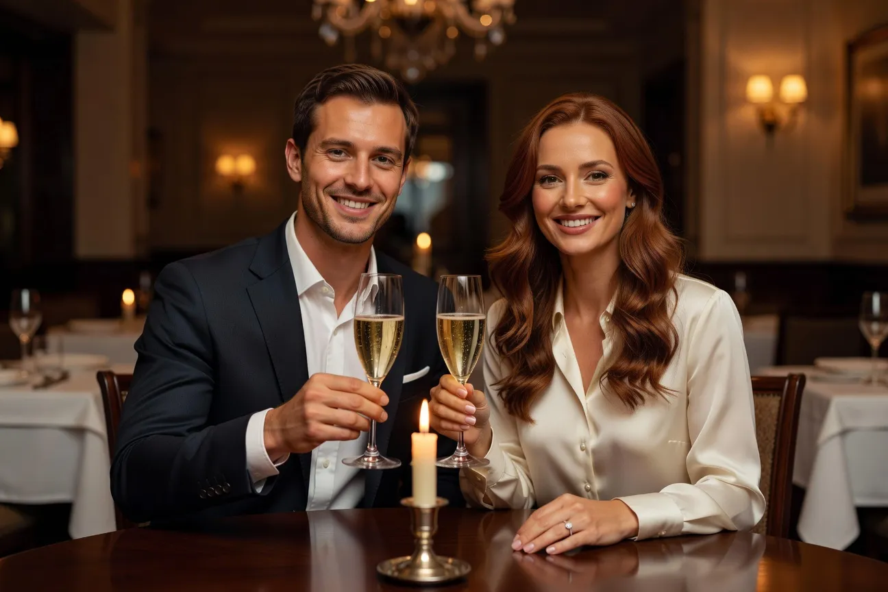 Happy newly engaged couple celebrating at elegant restaurant, joyful genuine expressions
