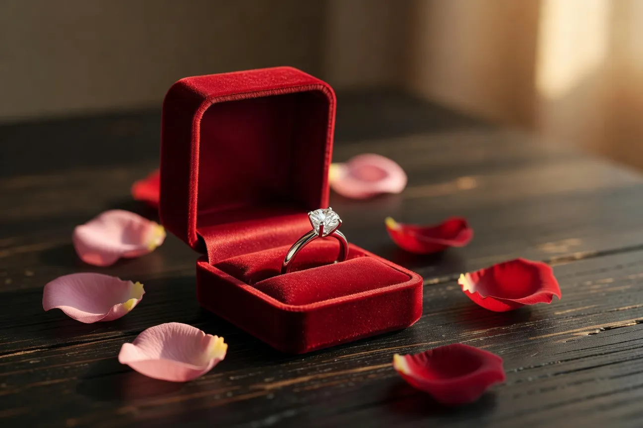 Beautiful diamond engagement ring in red velvet box with rose petals
