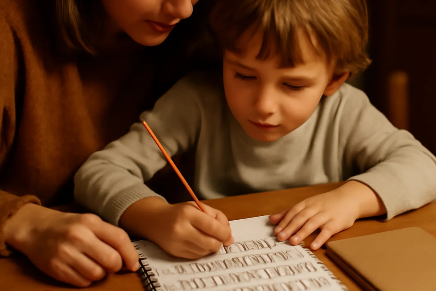 Child writing the Cyrillic alphabet at a desk with a parent helping
