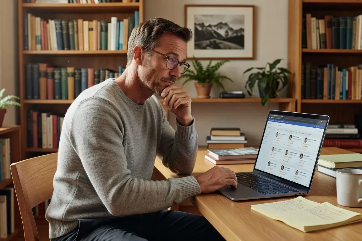 Western man in his 40s carefully reviewing online profiles on a laptop in a home office setting