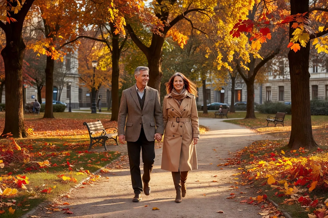 Happy mature multicultural couple walking together in a European city park
