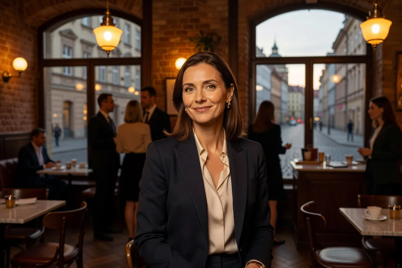 Elegant Eastern European woman at a professional networking event in a European city