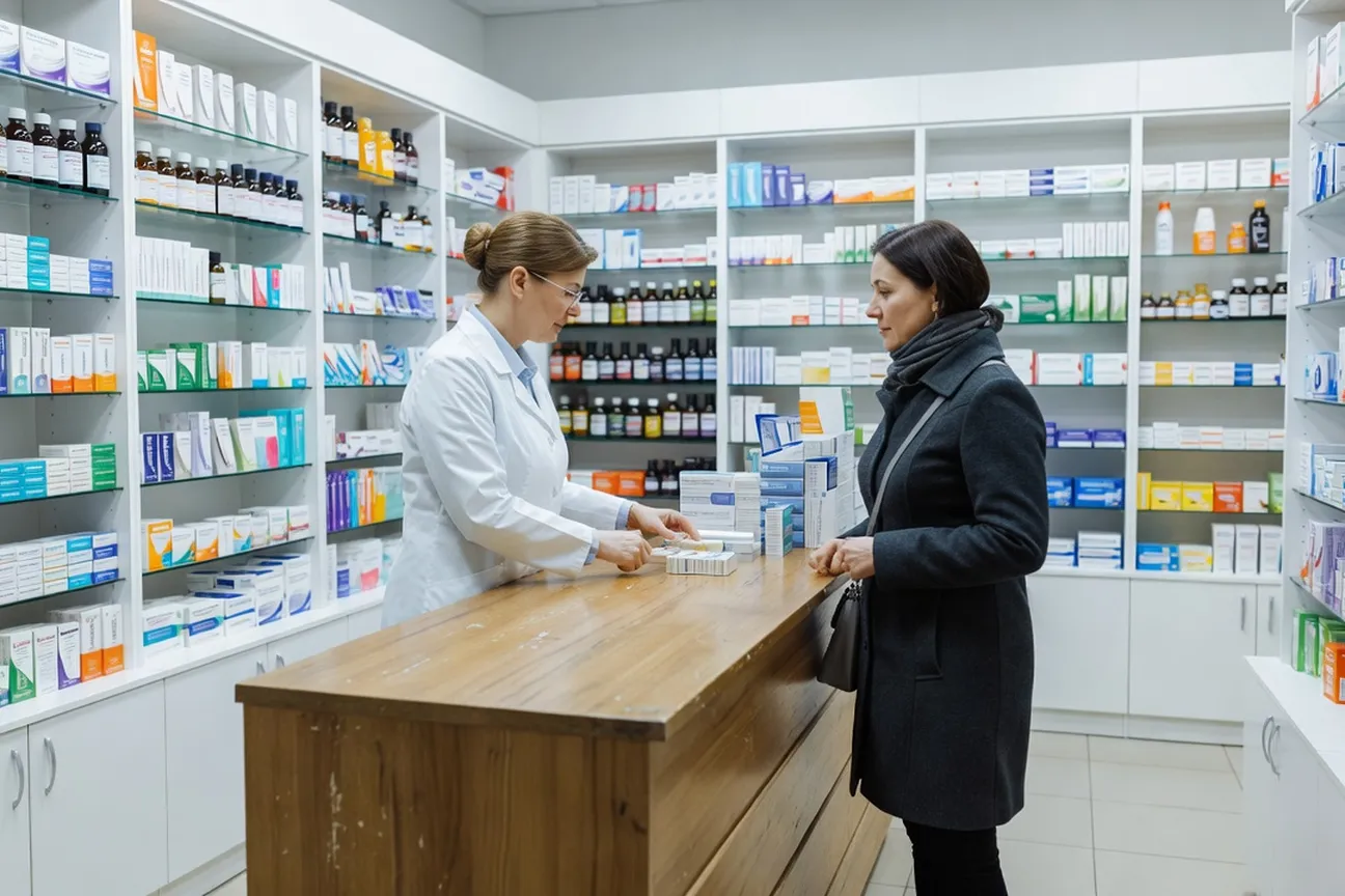 Intérieur d'une pharmacie en Russie avec un pharmacien assistant un client