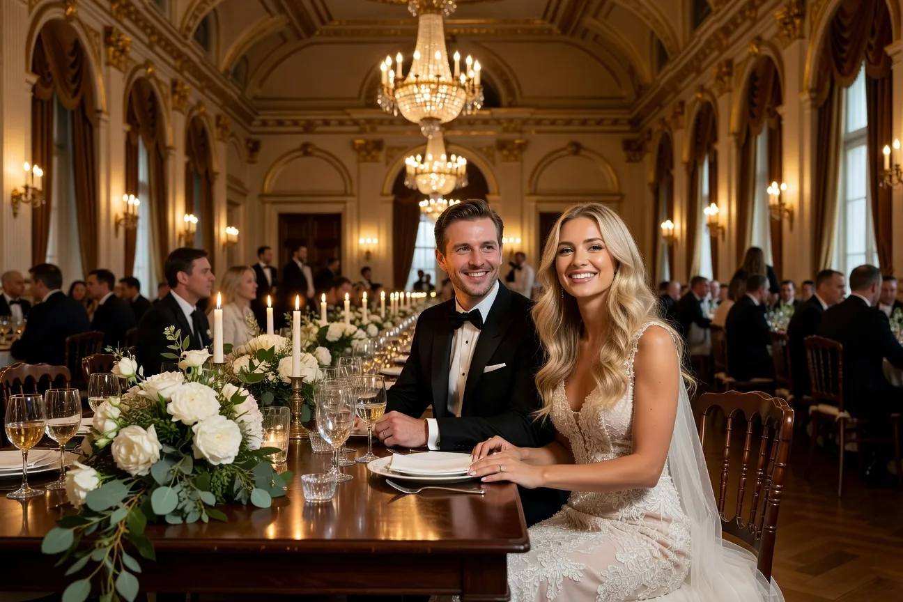 Elegant international wedding reception with Western man and Russian woman
