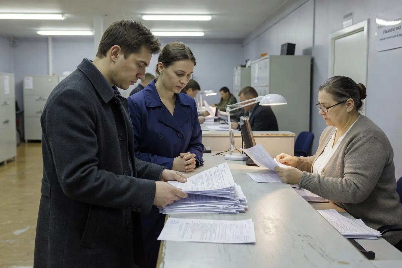 Пара в миграционной службе подаёт пакет документов