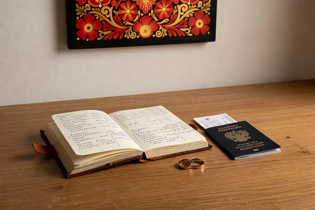 Budget planning notebook with wedding rings and passport