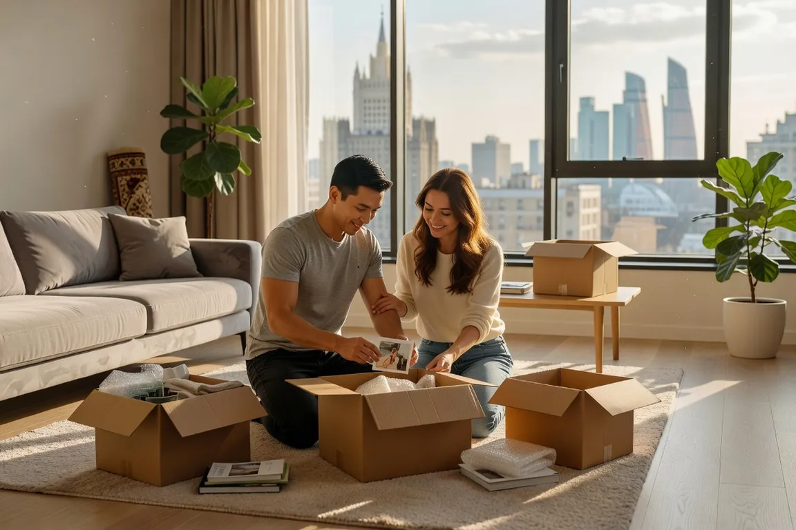 Intérieur d'appartement moderne dans une ville russe avec un couple déballant des cartons de déménagement