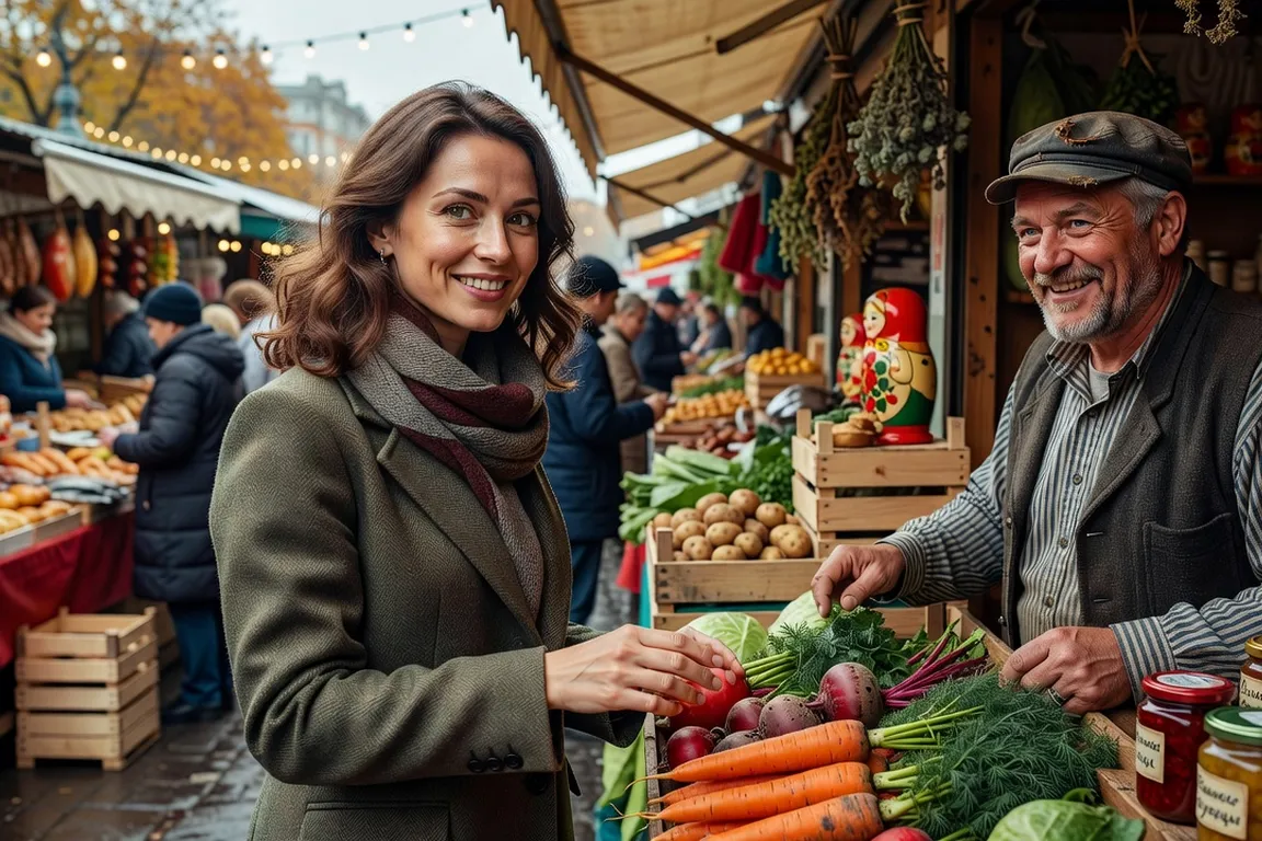 Mujer francesa comprando en un mercado local de Moscú, hablando con un vendedor