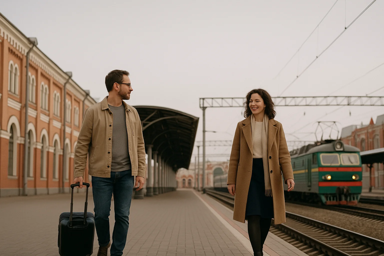 A Western man with a small suitcase arriving at a Moscow railway station platform to meet his Russian girlfriend