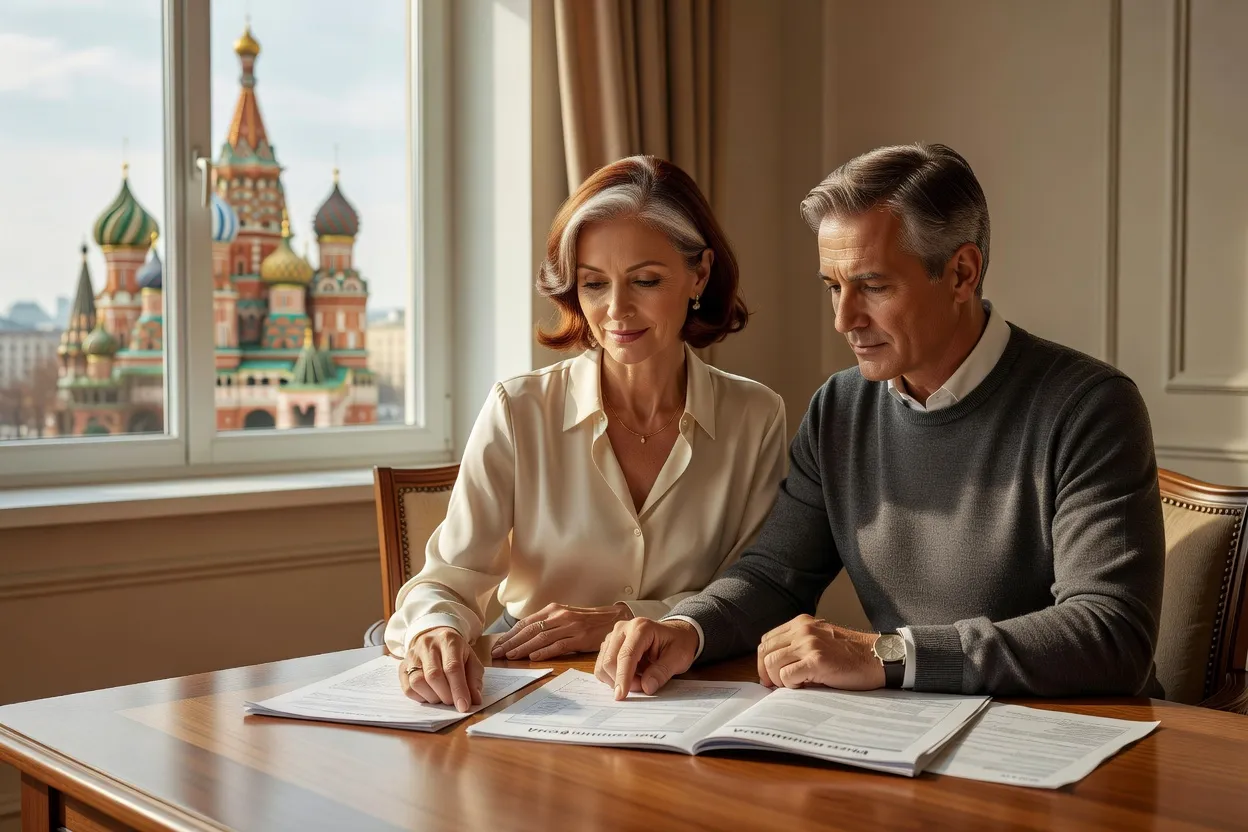 An elegant retired couple reviewing pension documents together with a Russian city skyline visible through the window
