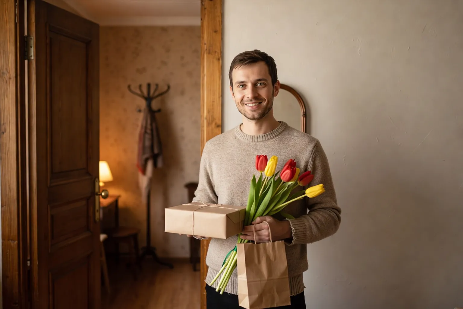 A man arriving at a Russian family apartment with a wrapped cake, flowers and a small gift bag