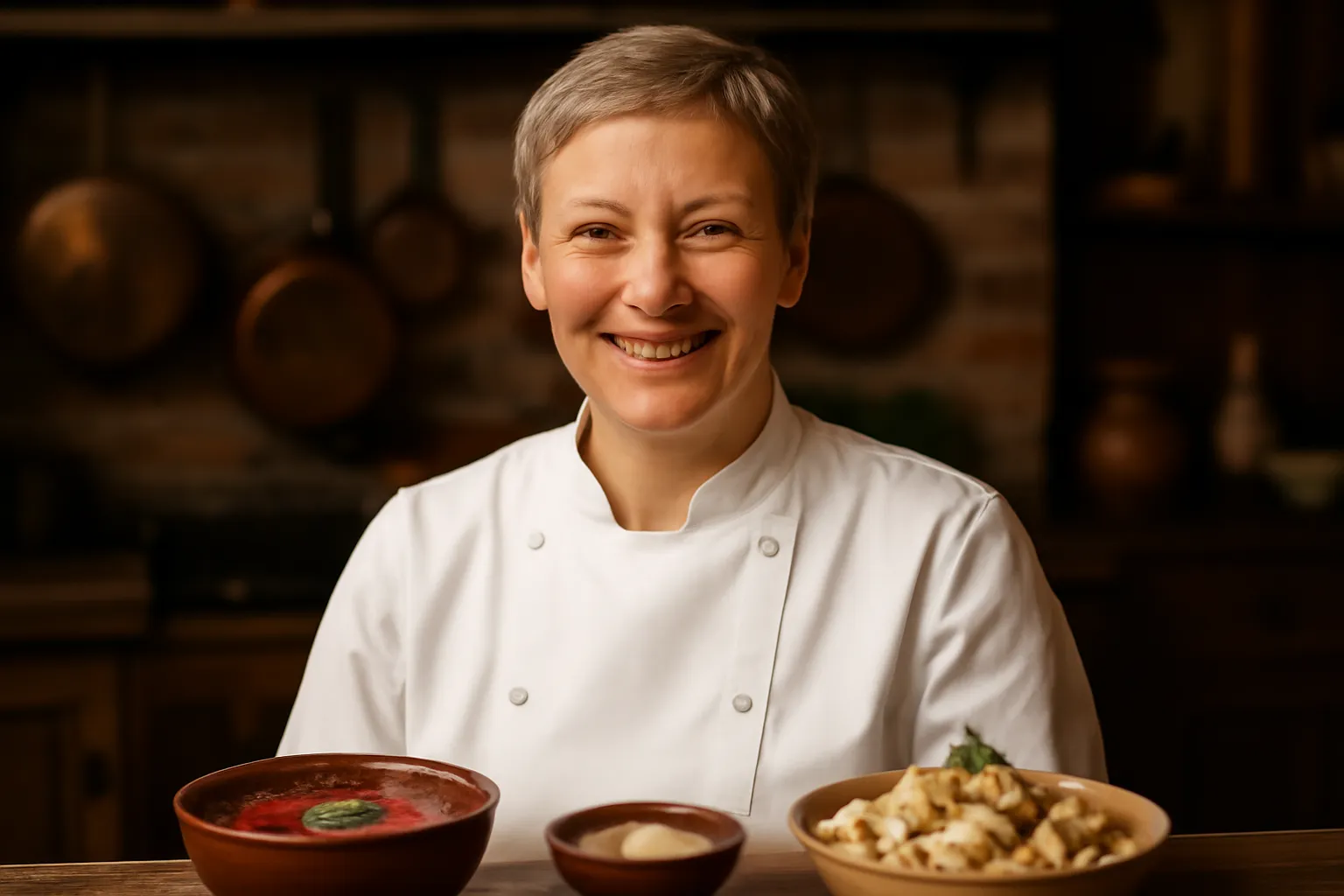 Chef preparing traditional Russian zakuski dishes on a rustic wooden table
