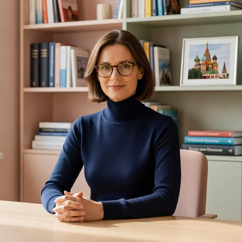 Olga Sokolova, intercultural coach, in her bright Berlin office wearing professional attire, books on Russian and German cultures visible behind her
