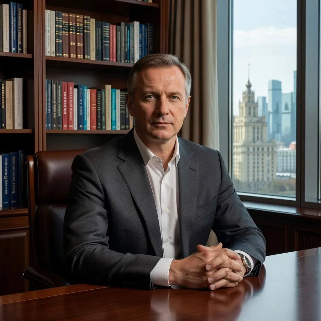 Sergei Kuznetsov, Russian marriage agency director, in his Moscow office, professional attire, bookshelf and Moscow skyline visible behind him