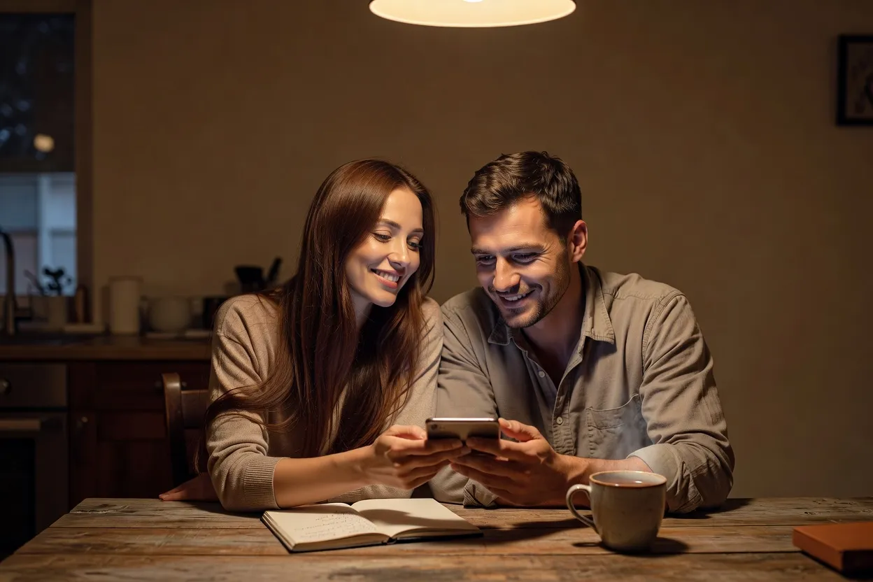 A Western man and a Russian woman sitting together at a kitchen table, smiling as they look at one smartphone with a Cyrillic notebook nearby