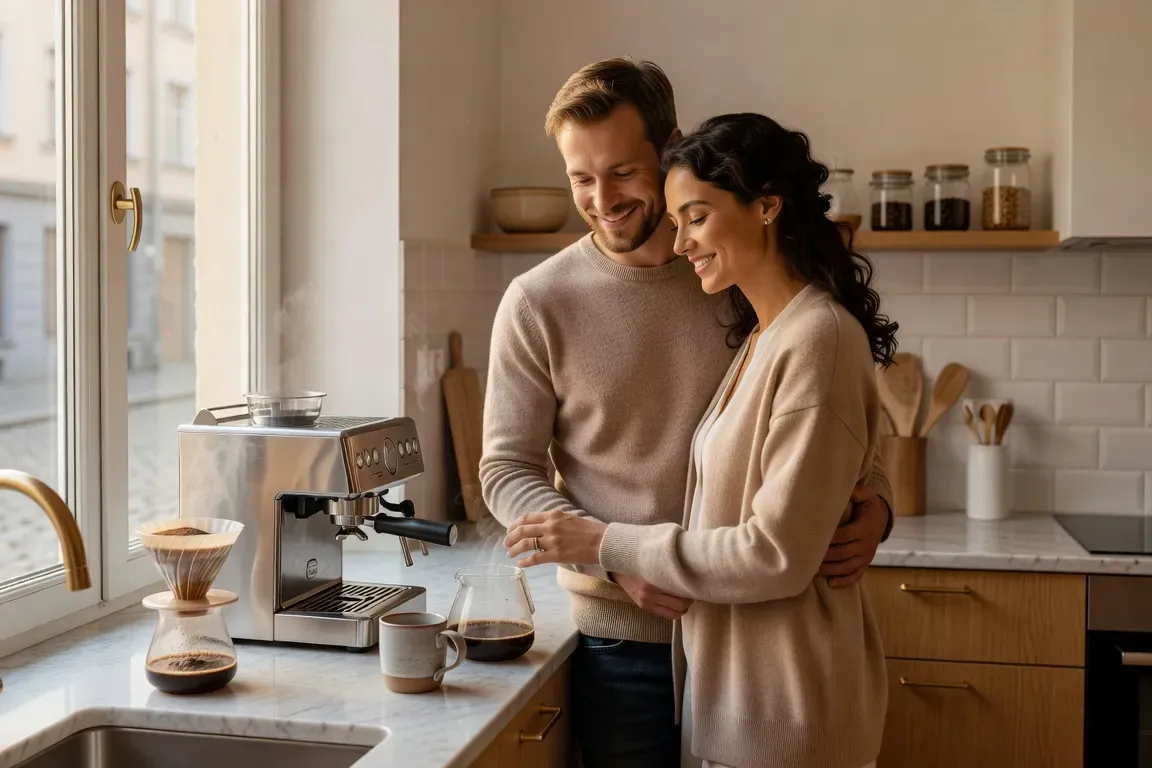 Western man and Russian woman sharing daily life in European apartment 2026