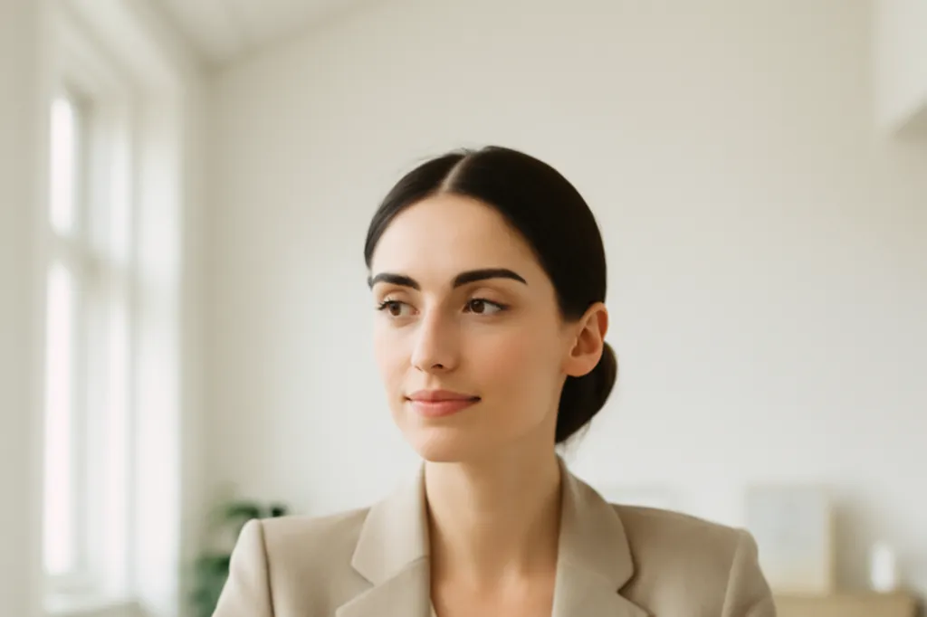 An elegant woman reviewing an agency price sheet across a desk in a bright modern office