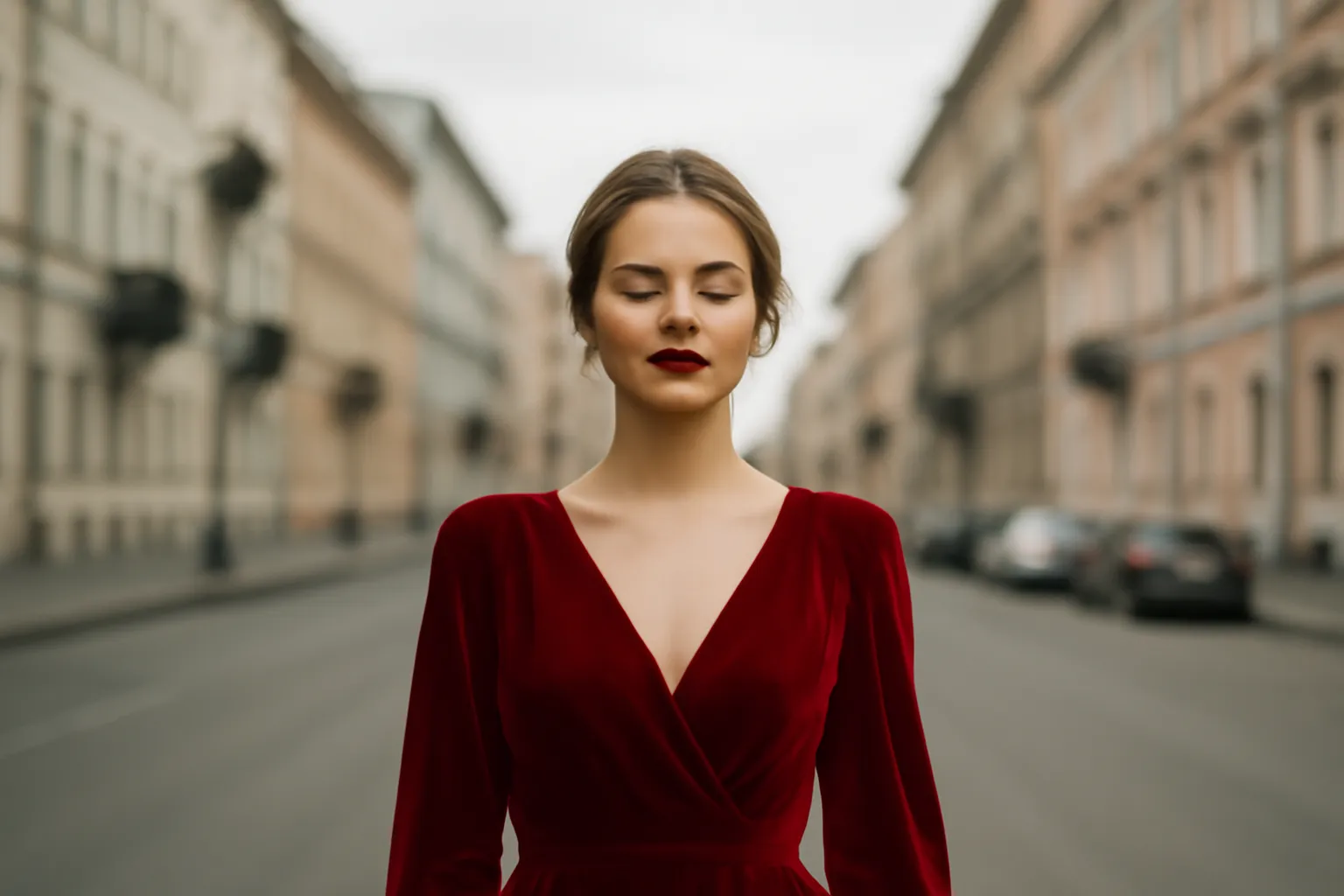 Una mujer rusa elegante con un vestido rojo en una calle clásica de San Petersburgo