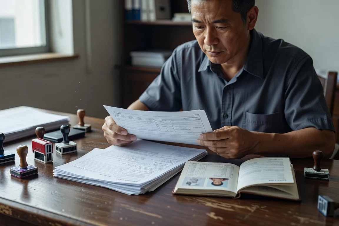 Foreign spouse reviewing official documents and a passport at a desk