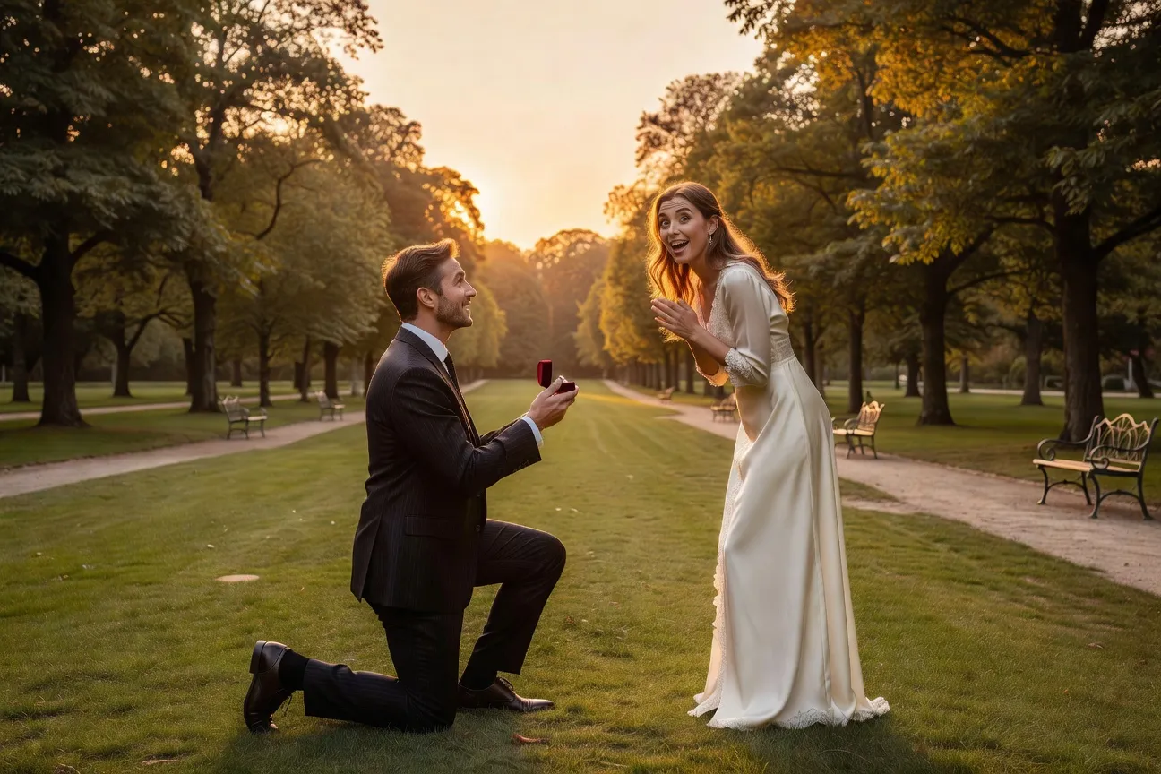 Man proposing to elegant woman in European park at golden hour