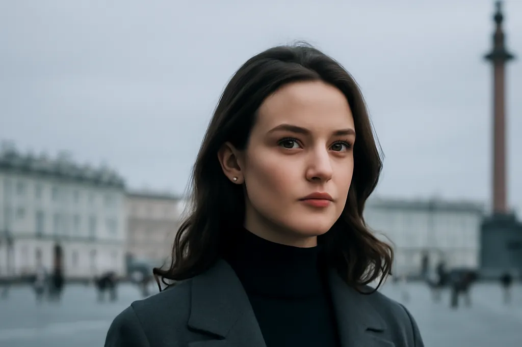 An elegant woman standing on a wide city plaza in Saint Petersburg under cool daylight